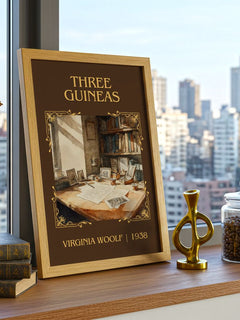 Three Guineas Classic Book Art Print by Virginia Woolf – framed print on a city-view windowsill