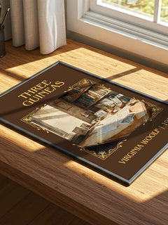 Three Guineas Classic Book Art Print by Virginia Woolf – print on a sunlit desk