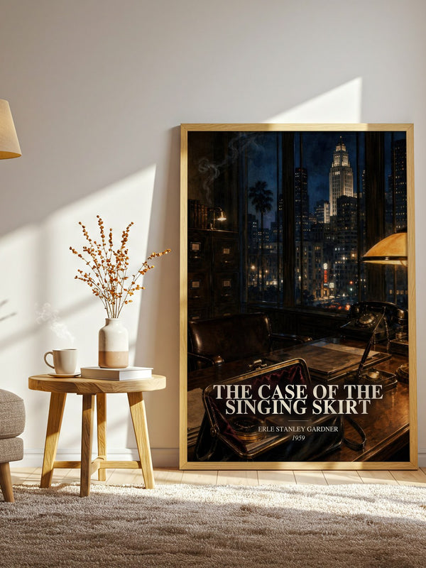 The Case Of The Singing Skirt watercolour print in frame leaning in hallway – mystery wall art