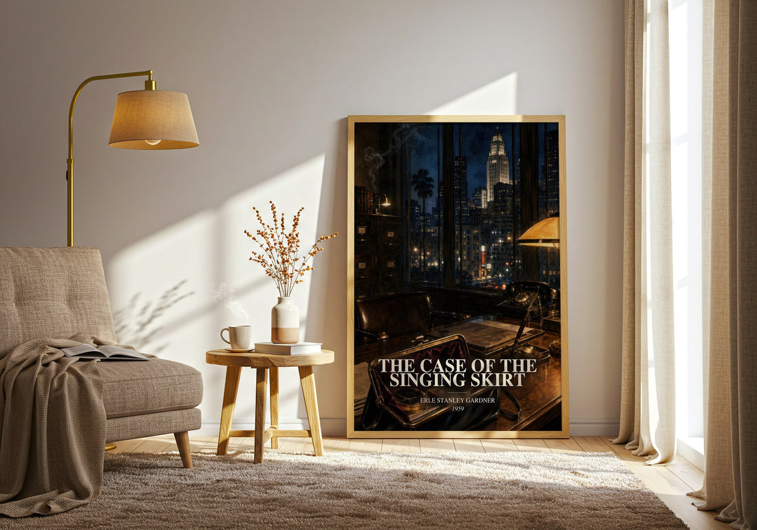The Case Of The Singing Skirt watercolour print in frame leaning in hallway – mystery wall art (mockup)