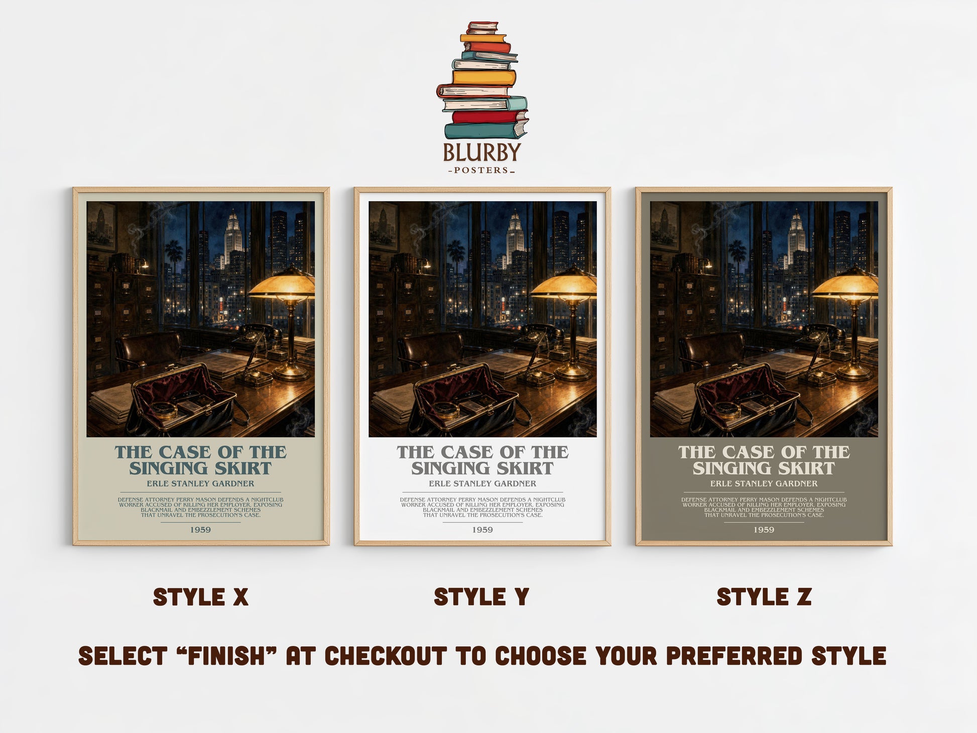 The Case Of The Singing Skirt bookish print in frame leaning in hallway – mystery wall art