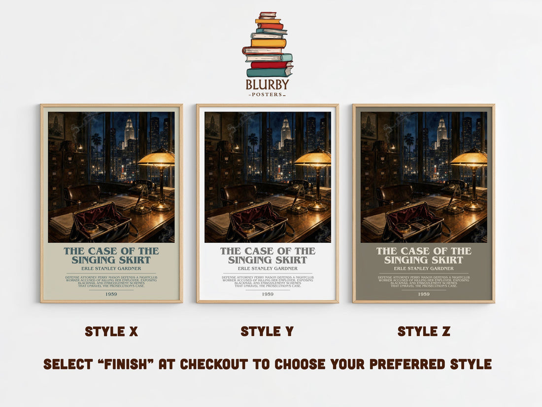 The Case Of The Singing Skirt bookish print in frame leaning in hallway – mystery wall art (mockup)
