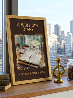 A Writer'S Diary Classic Book Art Print by Virginia Woolf – framed print on a city-view windowsill