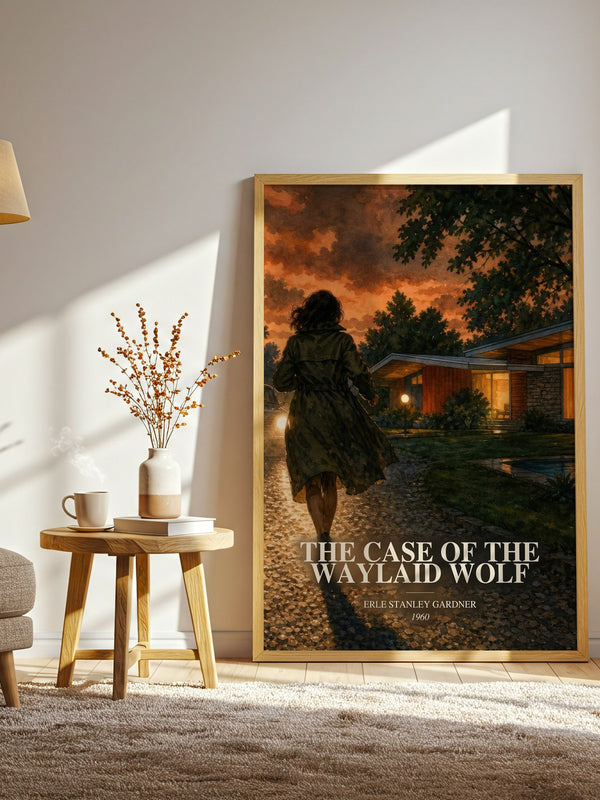 The Case Of The Waylaid Wolf watercolour print in frame leaning in hallway – mystery wall art