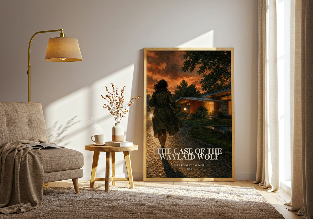 The Case Of The Waylaid Wolf watercolour print in frame leaning in hallway – mystery wall art (mockup)
