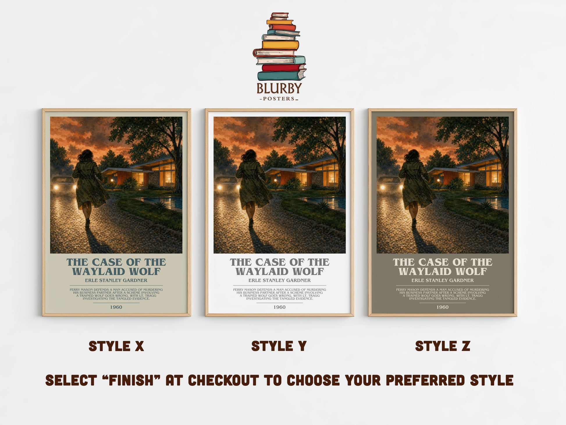 The Case Of The Waylaid Wolf bookish print in frame leaning in hallway – mystery wall art