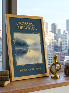 Crossing The Water Classic Book Art Print by Sylvia Plath – framed print on a city-view windowsill