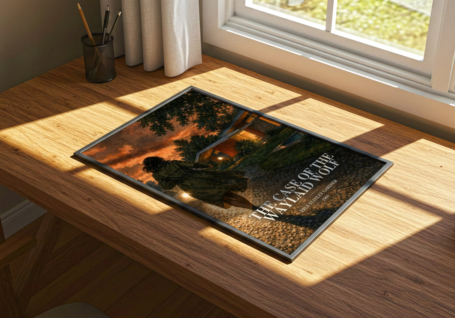 The Case Of The Waylaid Wolf watercolour book poster framed on wall – mystery wall art