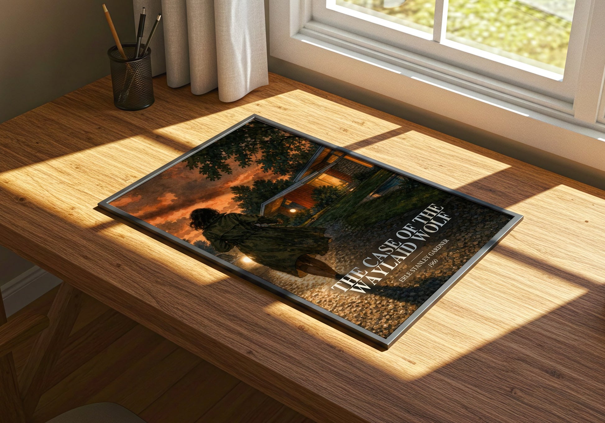 The Case Of The Waylaid Wolf watercolour book poster framed on wall – mystery wall art