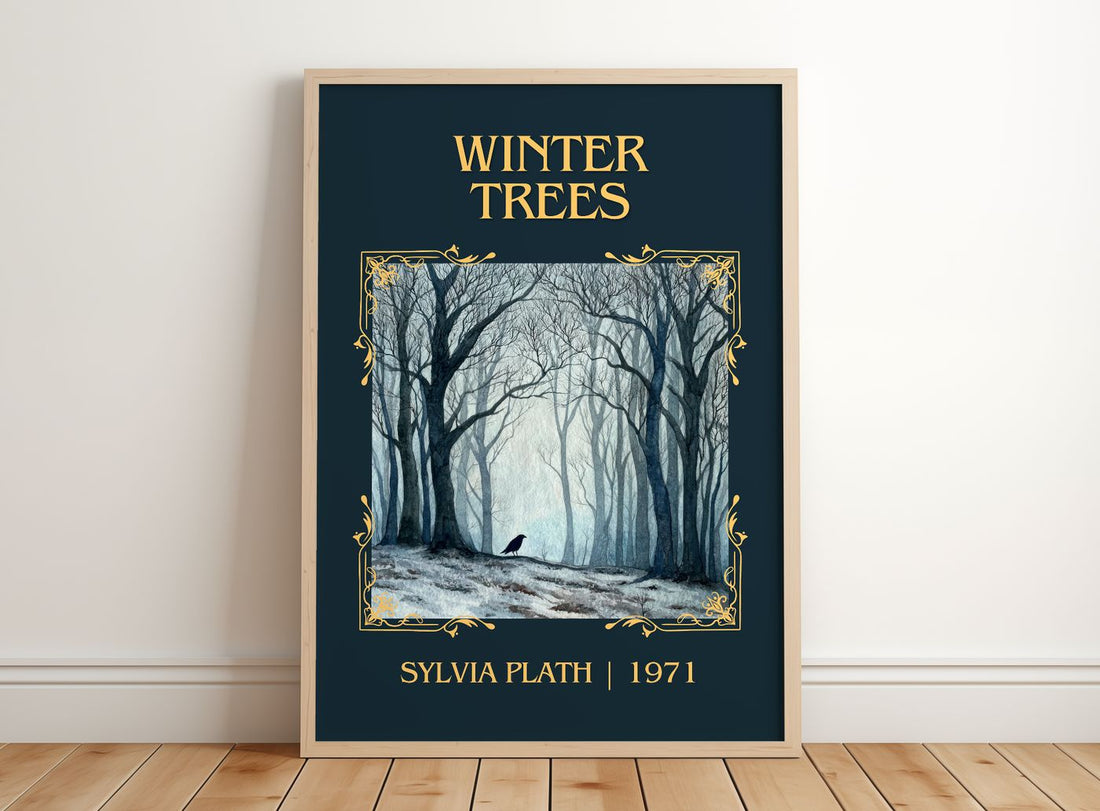 Winter Trees Classic Book Art Print by Sylvia Plath – framed print leaning on a wooden floor