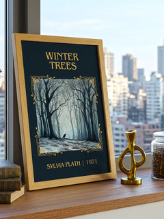 Winter Trees Classic Book Art Print by Sylvia Plath – framed print on a city-view windowsill