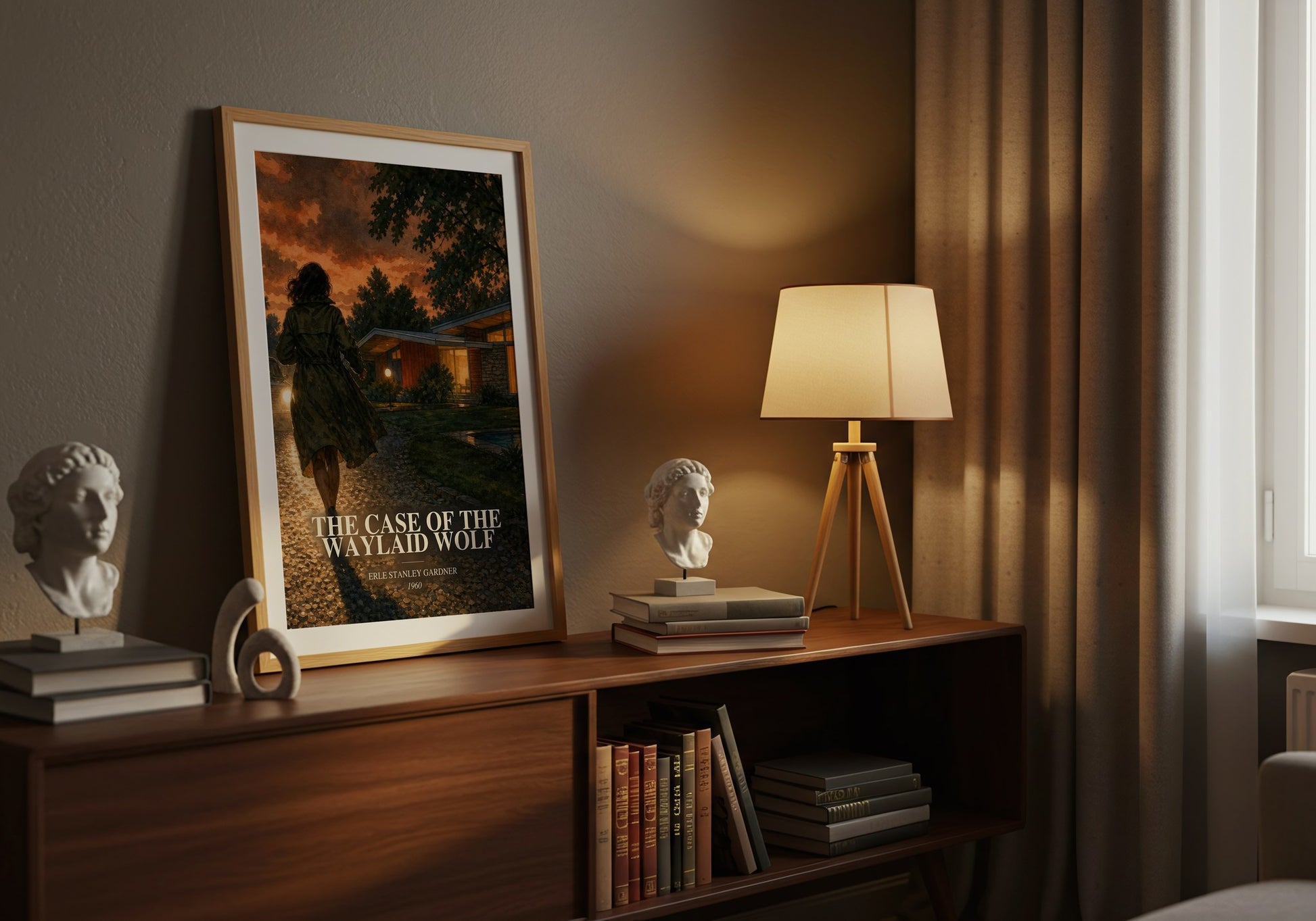 The Case Of The Waylaid Wolf watercolour print on bookshelf – Erle Stanley Gardner fan gift