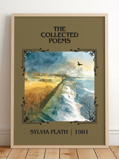 The Collected Poems Classic Book Art Print by Sylvia Plath – framed print leaning on a wooden floor