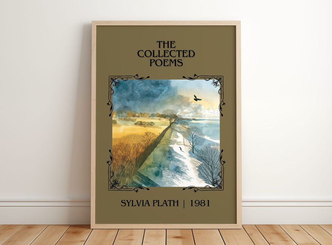 The Collected Poems Classic Book Art Print by Sylvia Plath – framed print leaning on a wooden floor