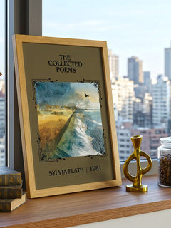 The Collected Poems Classic Book Art Print by Sylvia Plath – framed print on a city-view windowsill