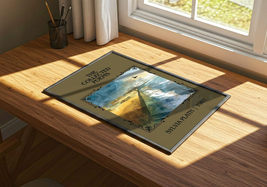 The Collected Poems Classic Book Art Print by Sylvia Plath – print on a sunlit desk