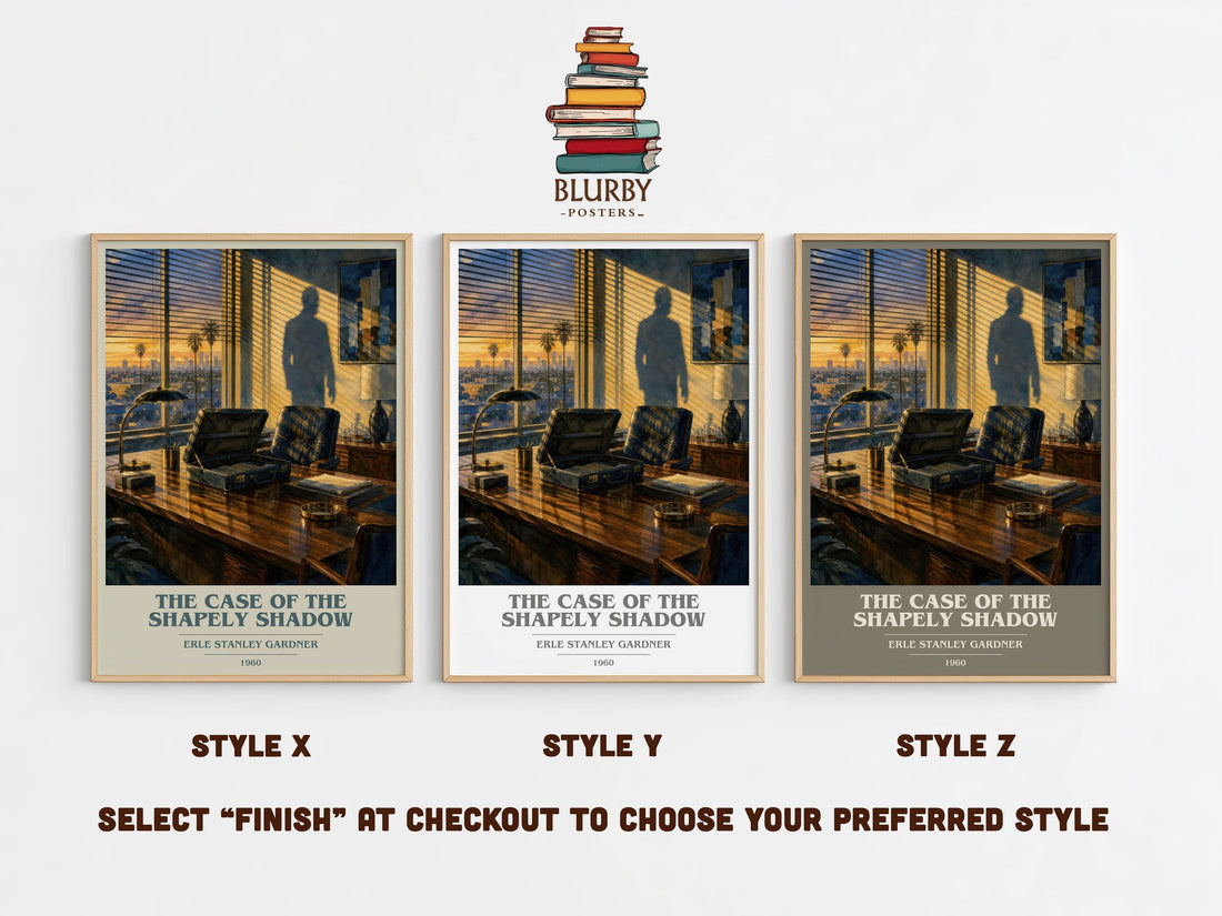 The Case Of The Shapely Shadow book cover print in frame leaning in hallway – mystery wall art (mockup)