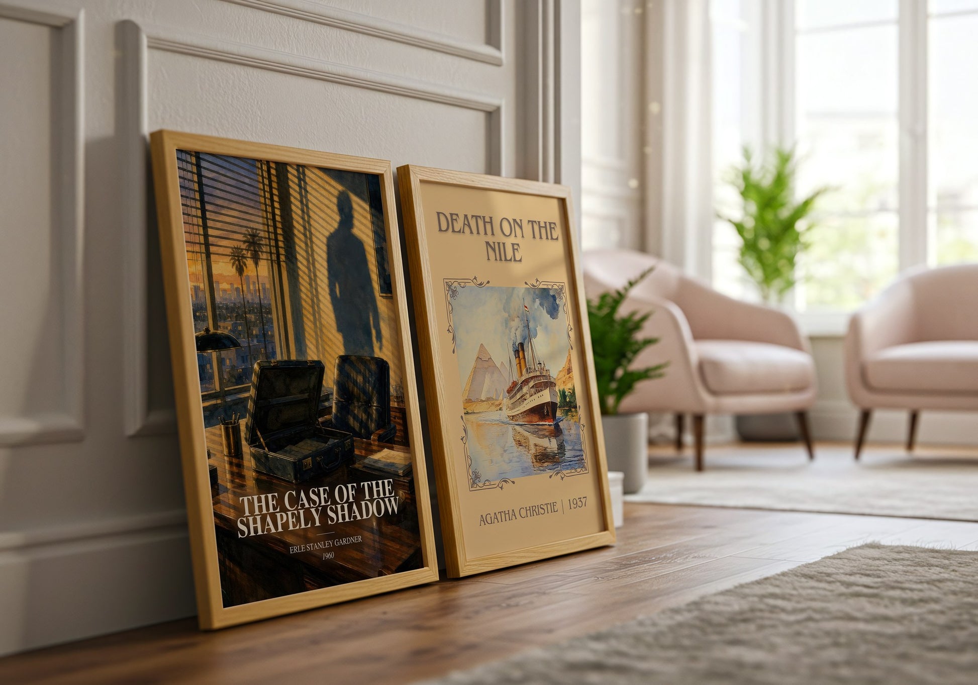 The Case Of The Shapely Shadow watercolour print framed by window – literary home decor