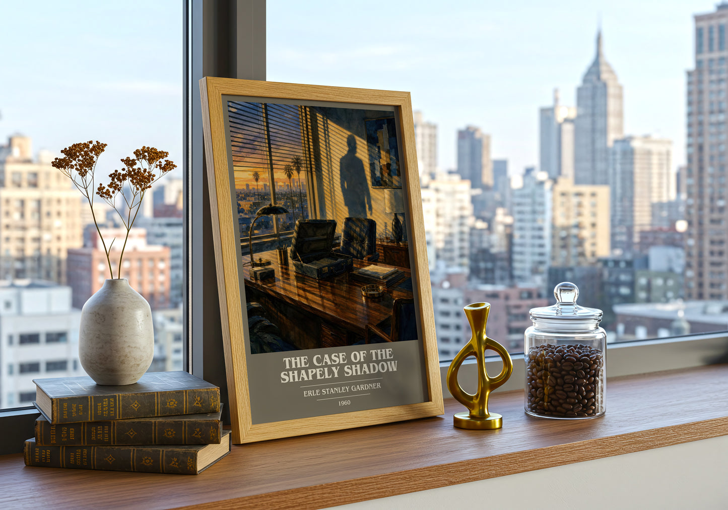The Case Of The Shapely Shadow book cover print framed by window – literary home decor