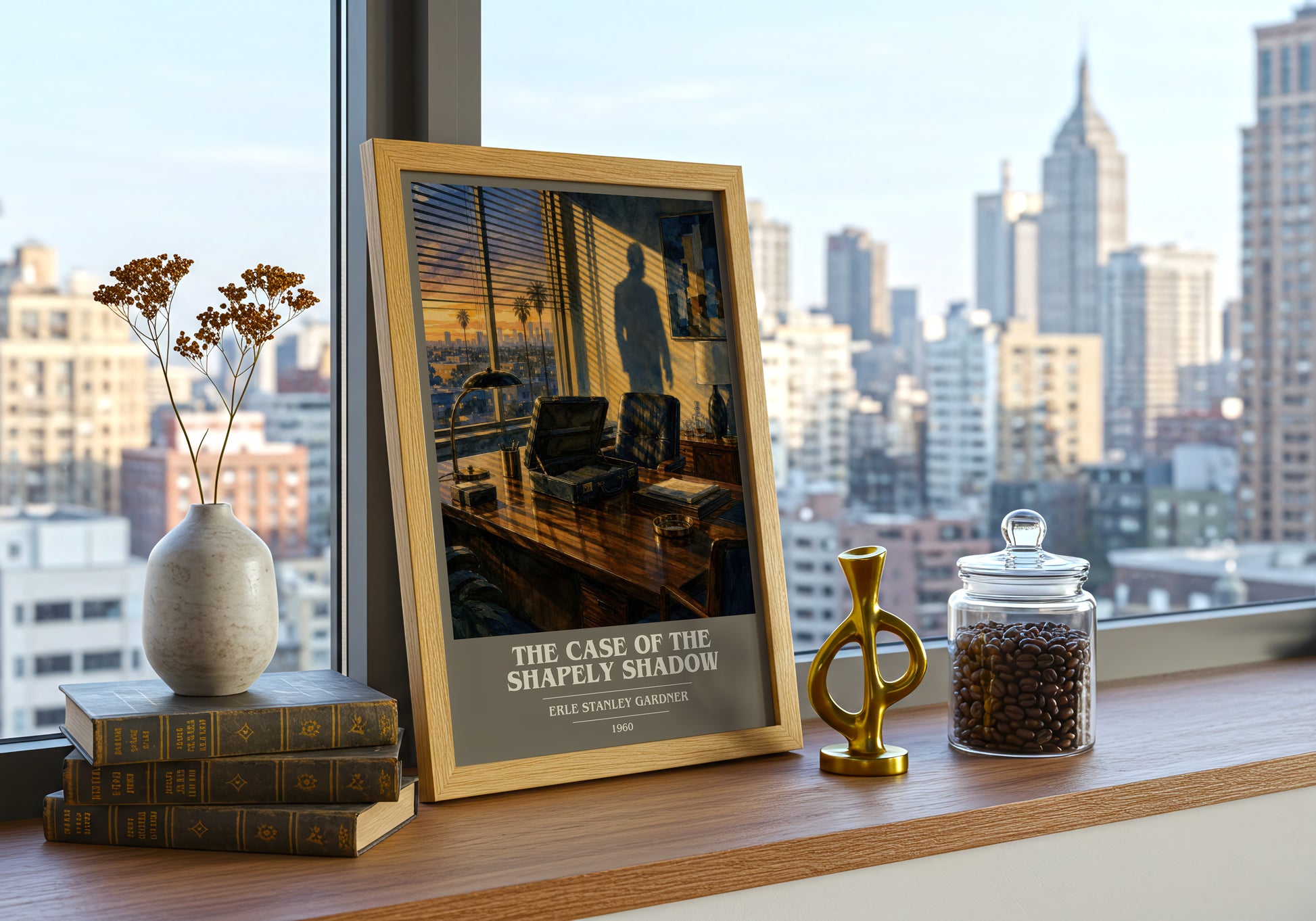 The Case Of The Shapely Shadow book cover print framed by window – literary home decor