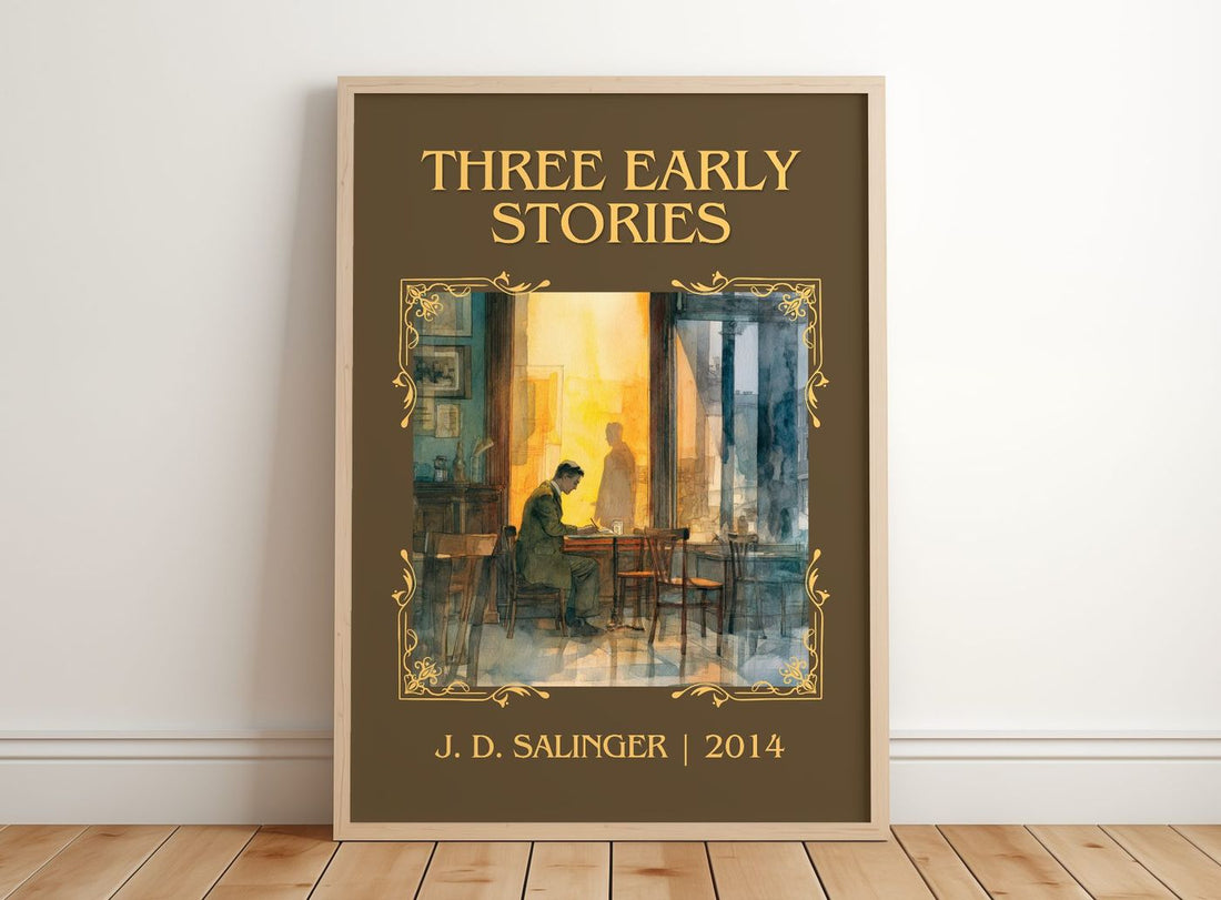 Three Early Stories Classic Book Art Print by J. D. Salinger – framed print leaning on a wooden floor
