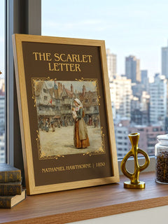 The Scarlet Letter Classic Book Art Print by Nathaniel Hawthorne – framed print on a city-view windowsill