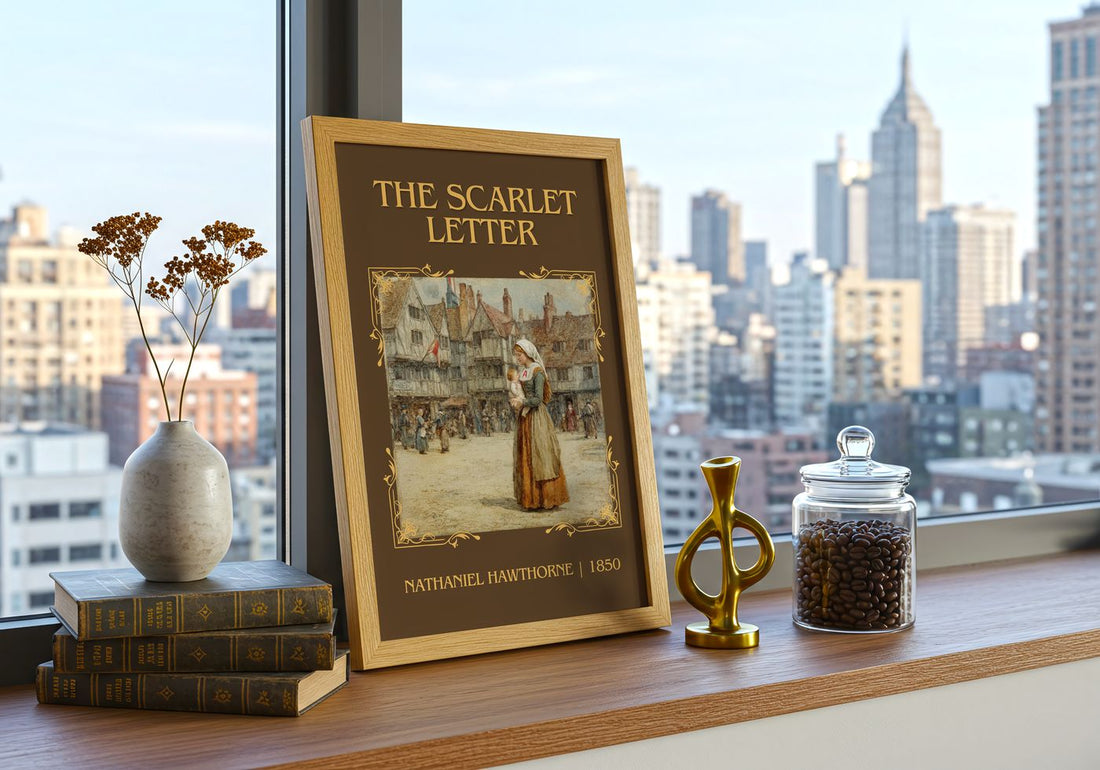 The Scarlet Letter Classic Book Art Print by Nathaniel Hawthorne – framed print on a city-view windowsill