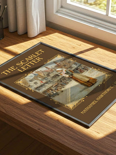 The Scarlet Letter Classic Book Art Print by Nathaniel Hawthorne – print on a sunlit desk