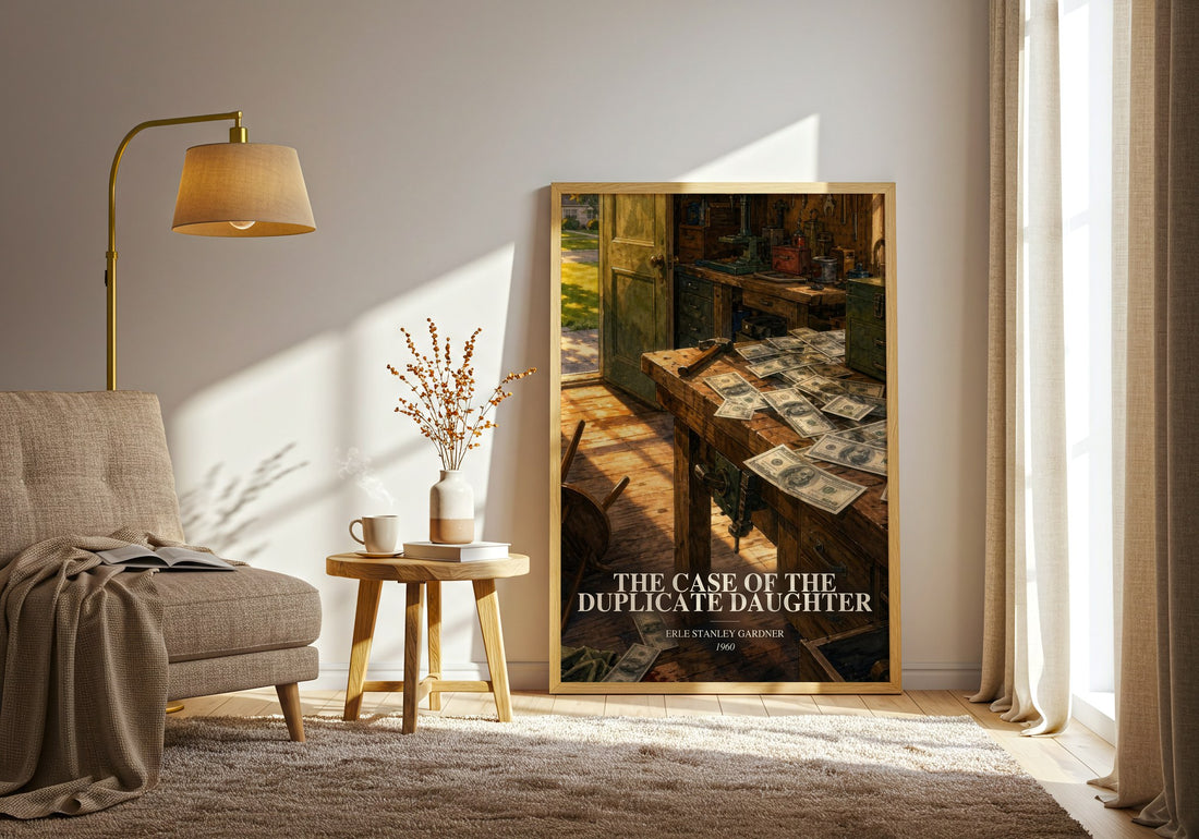 The Case Of The Duplicate Daughter watercolour print in frame leaning in hallway – mystery wall art (mockup)
