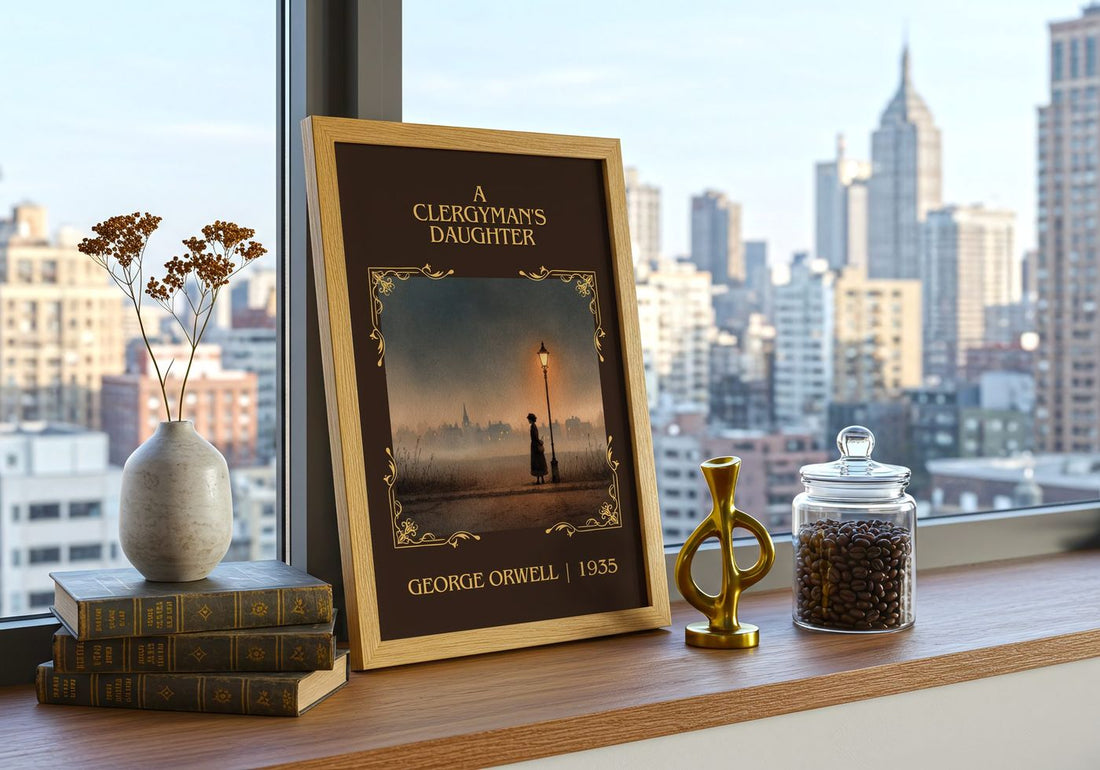 A Clergyman'S Daughter Classic Book Art Print by George Orwell – framed print on a city-view windowsill