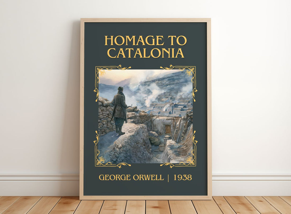 Homage To Catalonia Classic Book Art Print by George Orwell – framed print leaning on a wooden floor