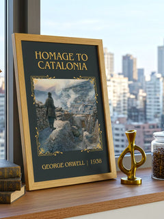 Homage To Catalonia Classic Book Art Print by George Orwell – framed print on a city-view windowsill