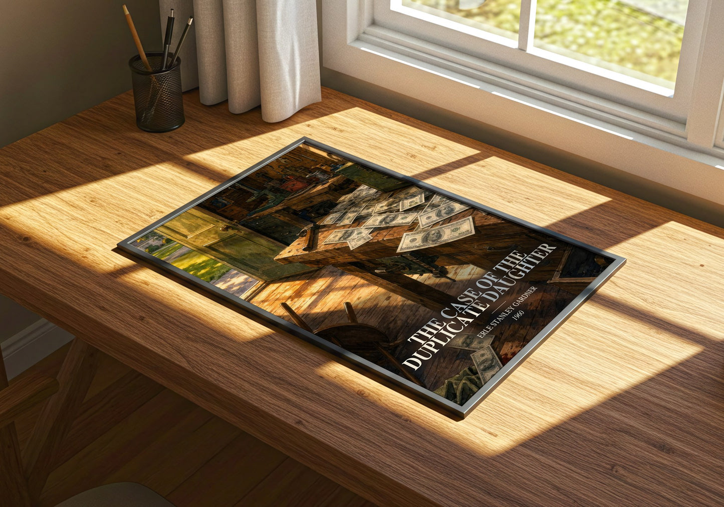 The Case Of The Duplicate Daughter watercolour book poster framed on wall – mystery wall art