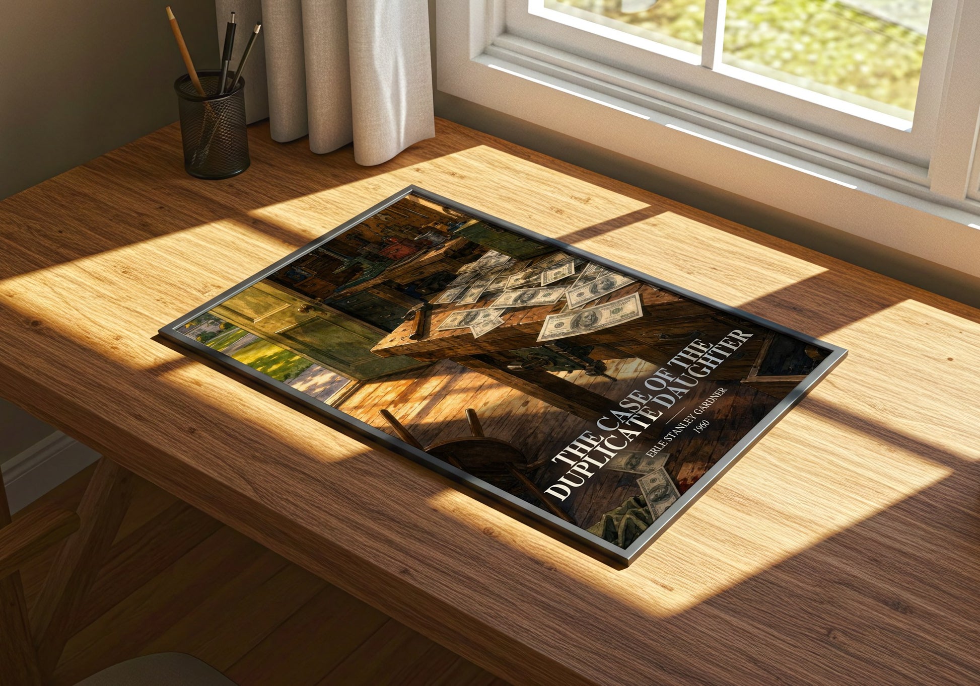 The Case Of The Duplicate Daughter watercolour book poster framed on wall – mystery wall art
