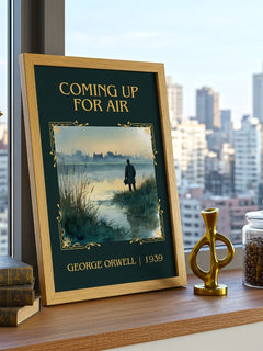 Coming Up For Air Classic Book Art Print by George Orwell – framed print on a city-view windowsill