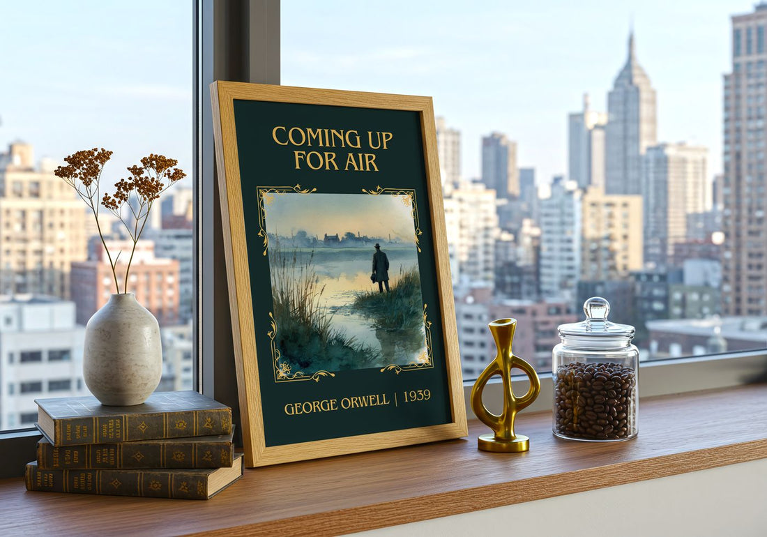 Coming Up For Air Classic Book Art Print by George Orwell – framed print on a city-view windowsill