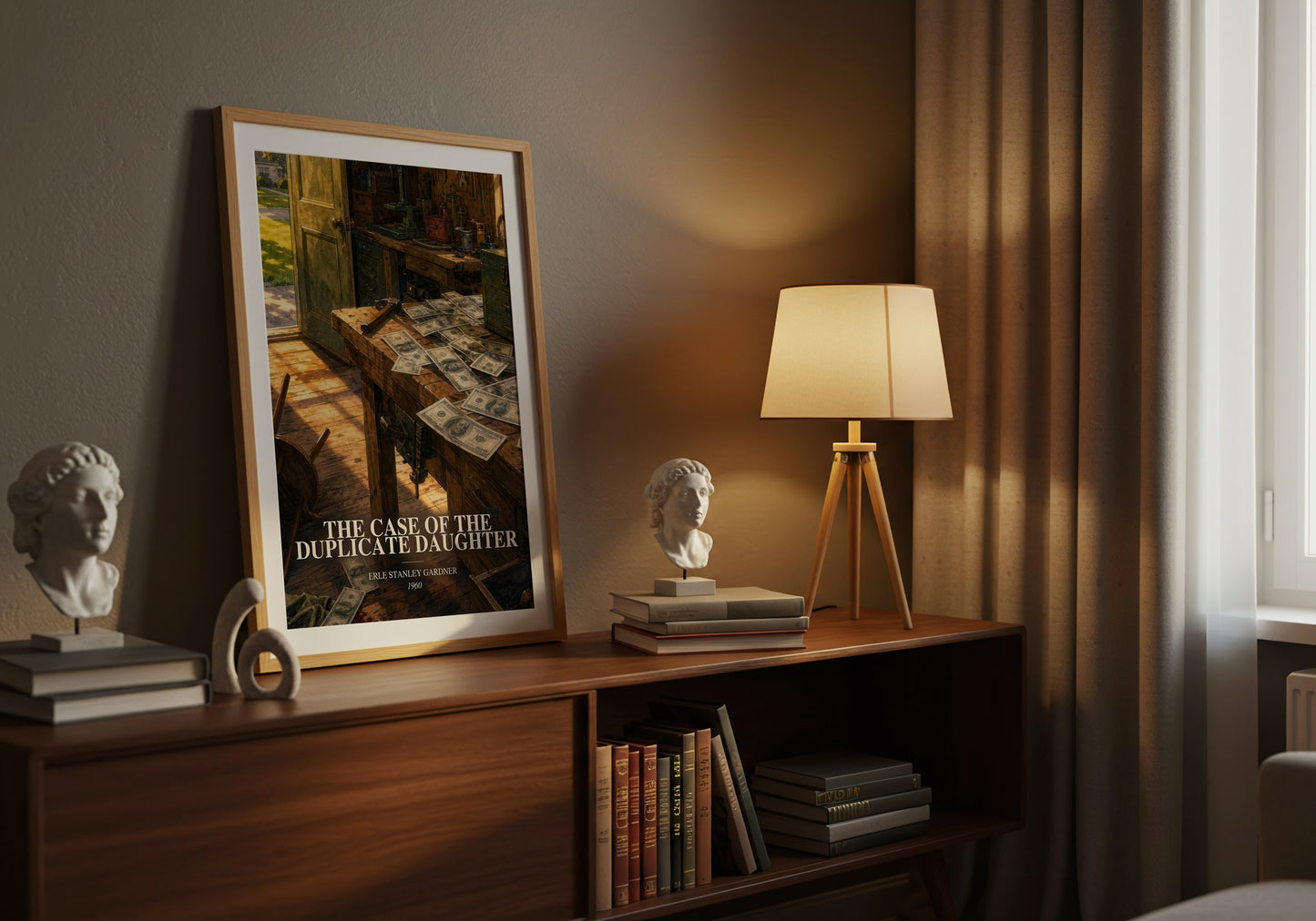 The Case Of The Duplicate Daughter watercolour print on bookshelf – Erle Stanley Gardner fan gift