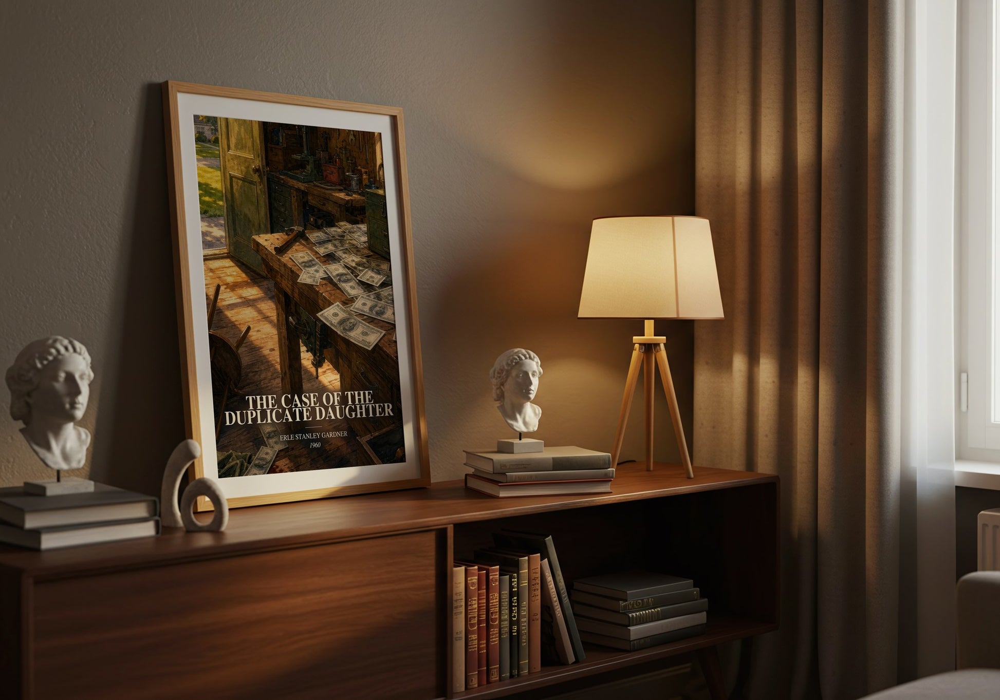 The Case Of The Duplicate Daughter watercolour print on bookshelf – Erle Stanley Gardner fan gift