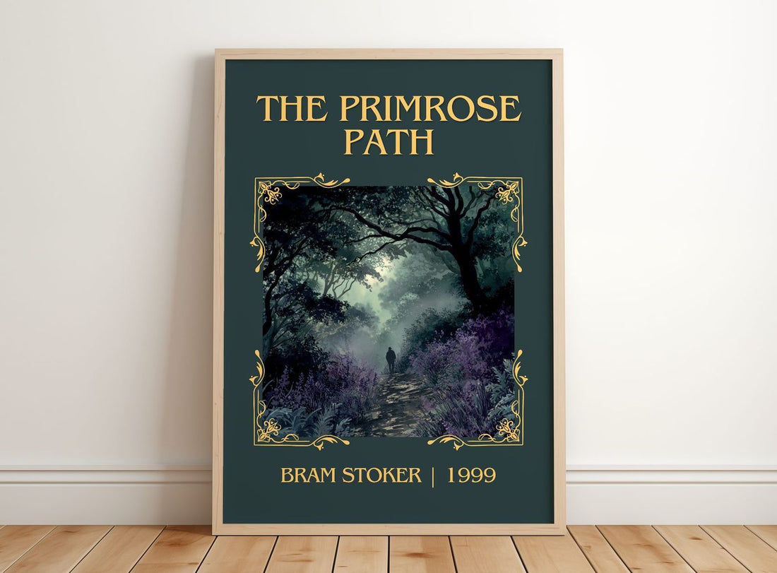 The Primrose Path Classic Book Art Print by Bram Stoker – framed print leaning on a wooden floor