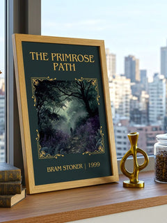 The Primrose Path Classic Book Art Print by Bram Stoker – framed print on a city-view windowsill