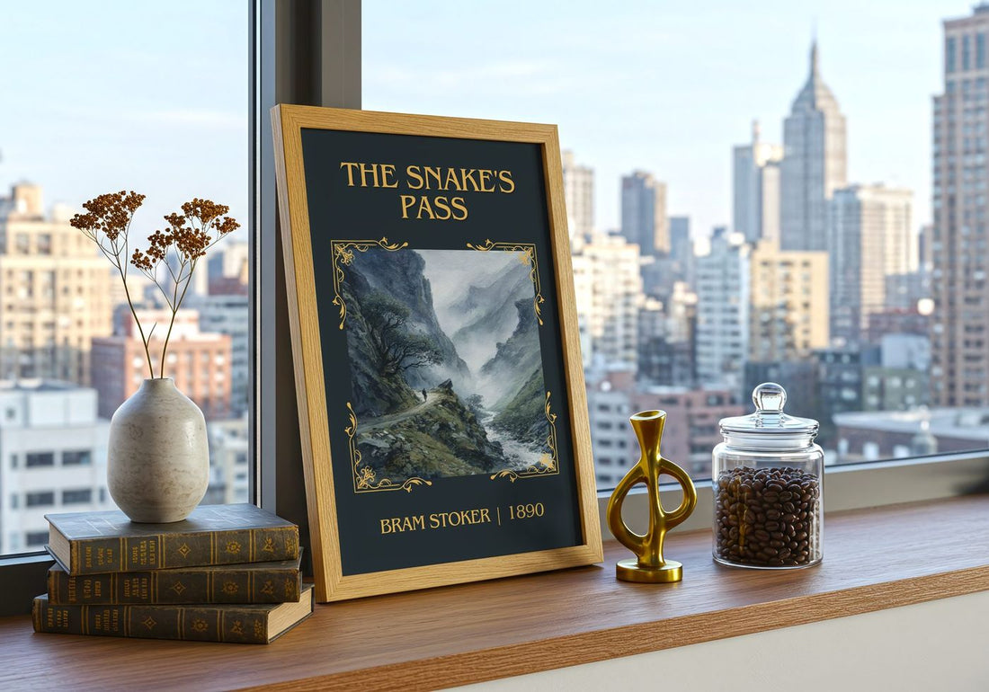 The Snake'S Pass Classic Book Art Print by Bram Stoker – framed print on a city-view windowsill