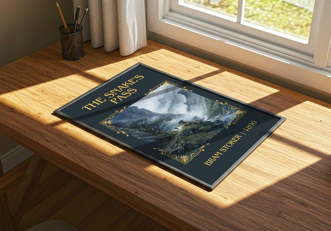 The Snake'S Pass Classic Book Art Print by Bram Stoker – print on a sunlit desk
