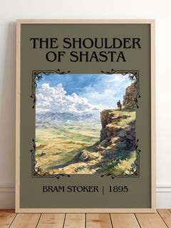 The Shoulder Of Shasta Classic Book Art Print by Bram Stoker – framed print leaning on a wooden floor