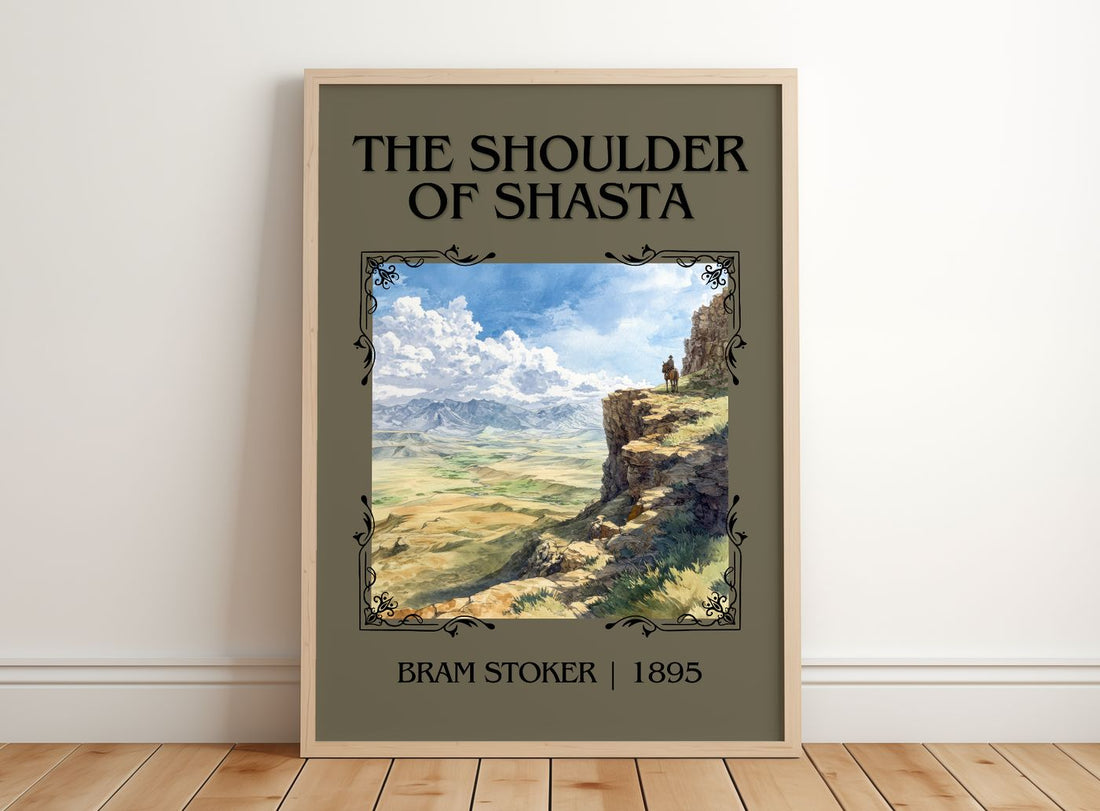 The Shoulder Of Shasta Classic Book Art Print by Bram Stoker – framed print leaning on a wooden floor