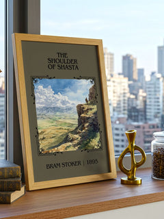 The Shoulder Of Shasta Classic Book Art Print by Bram Stoker – framed print on a city-view windowsill
