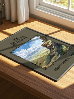 The Shoulder Of Shasta Classic Book Art Print by Bram Stoker – print on a sunlit desk