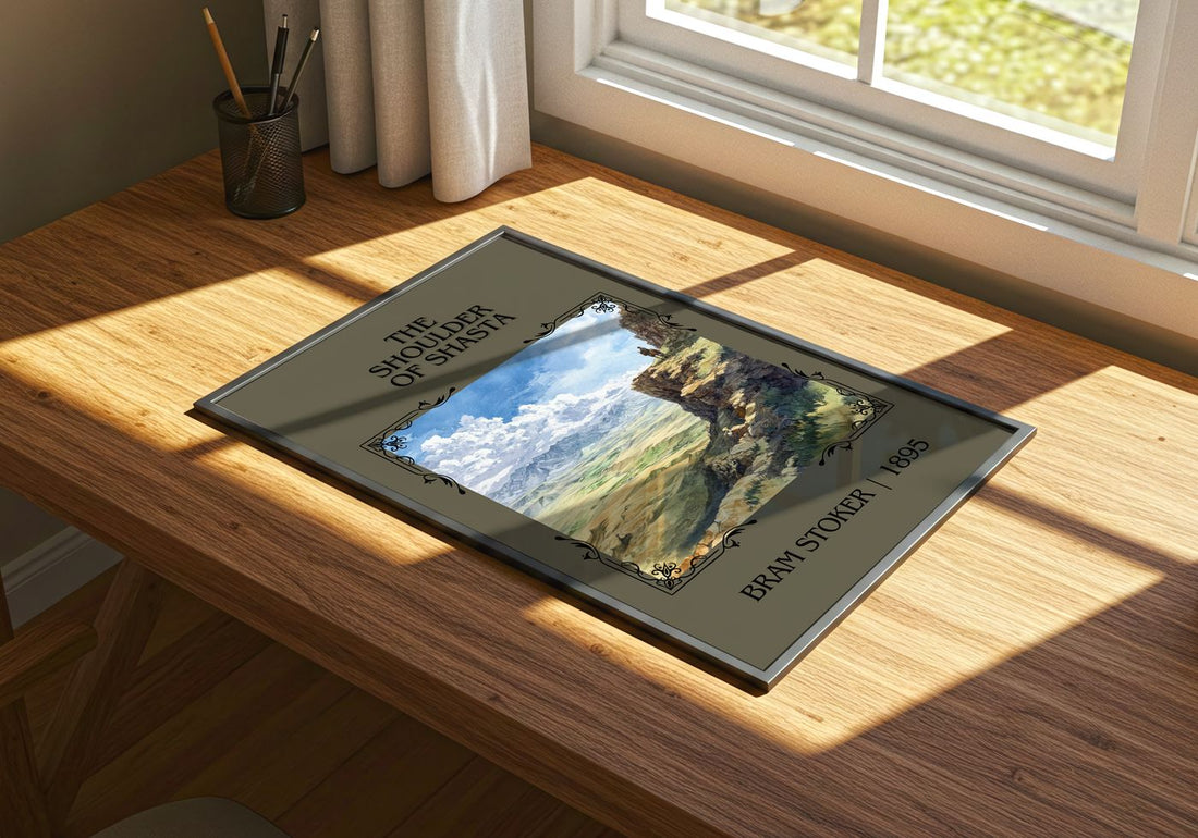 The Shoulder Of Shasta Classic Book Art Print by Bram Stoker – print on a sunlit desk