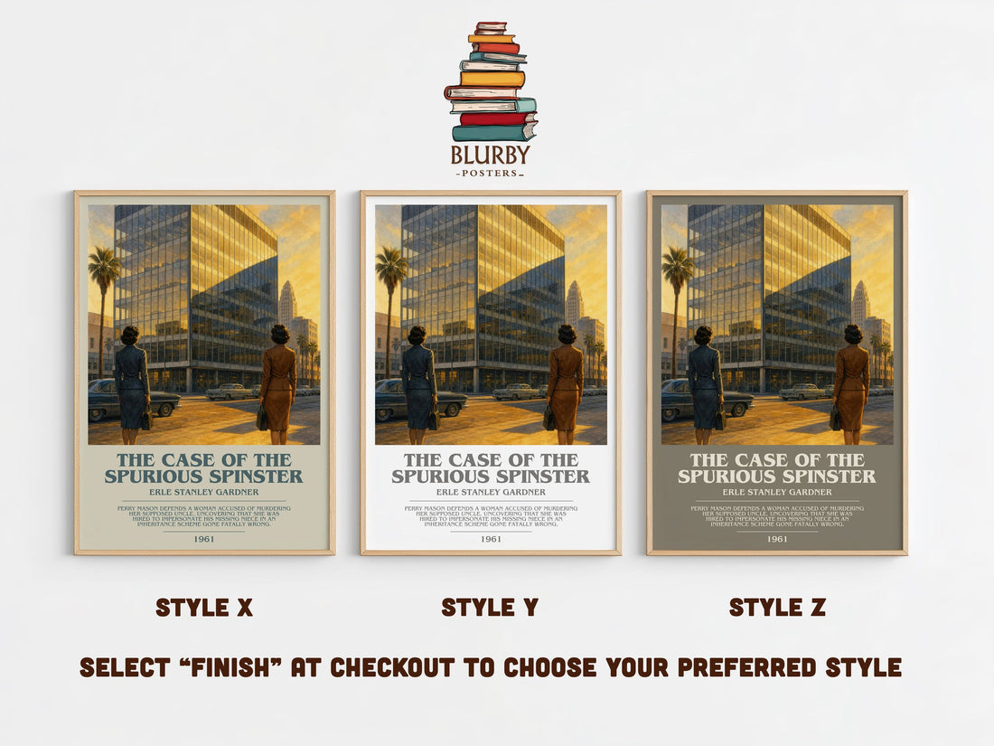 The Case Of The Spurious Spinster bookish print in frame leaning in hallway – mystery wall art (mockup)