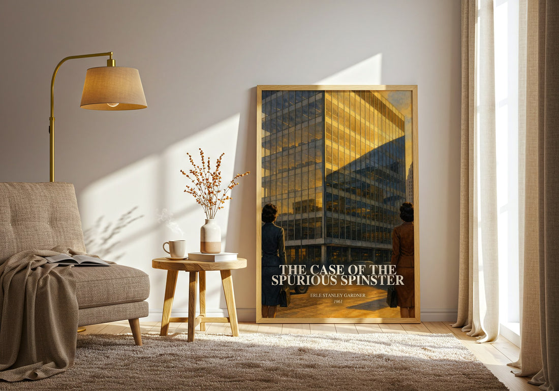 The Case Of The Spurious Spinster watercolour print in frame leaning in hallway – mystery wall art (mockup)