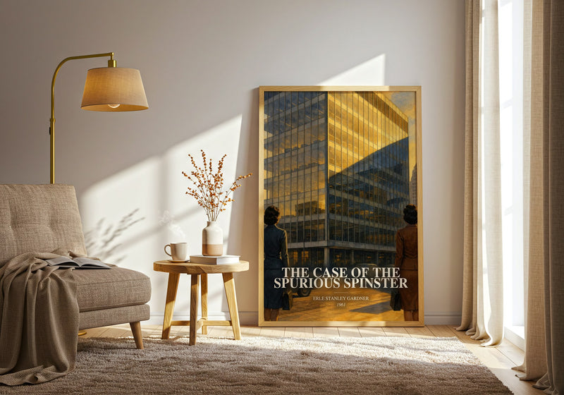 The Case Of The Spurious Spinster watercolour print in frame leaning in hallway – mystery wall art